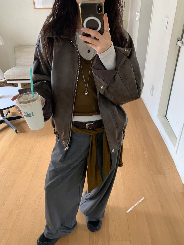 條紋內壓褶細節直褲