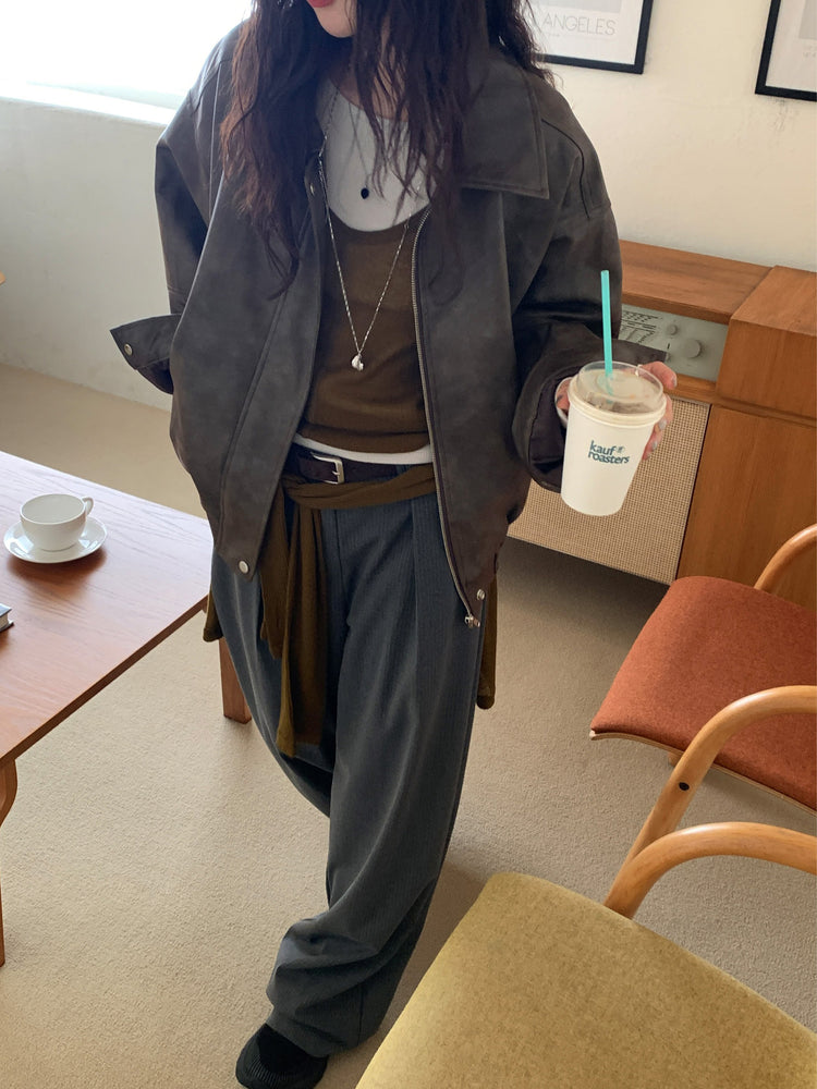 條紋內壓褶細節直褲