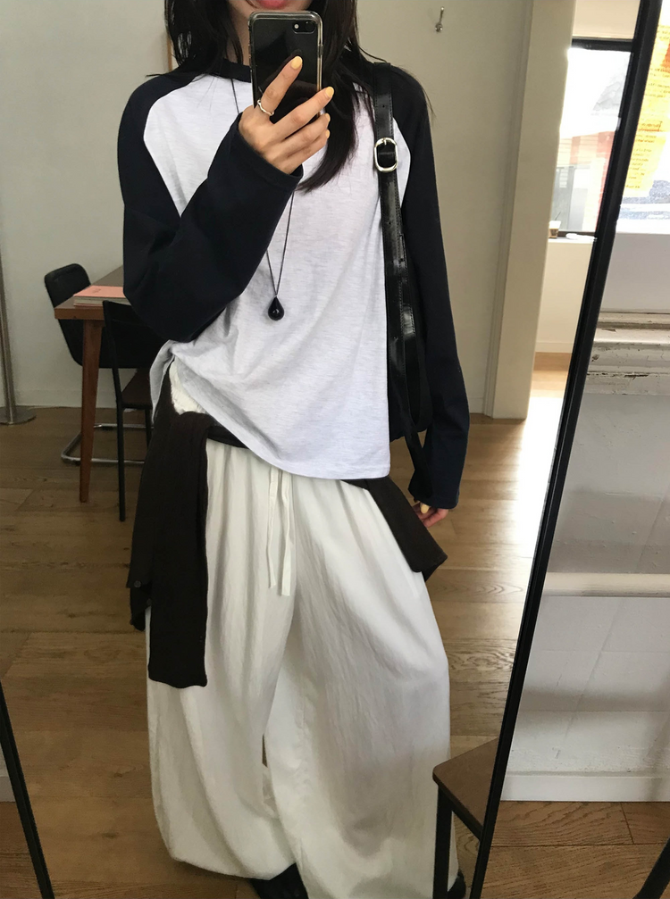 撞色牛角袖上衣