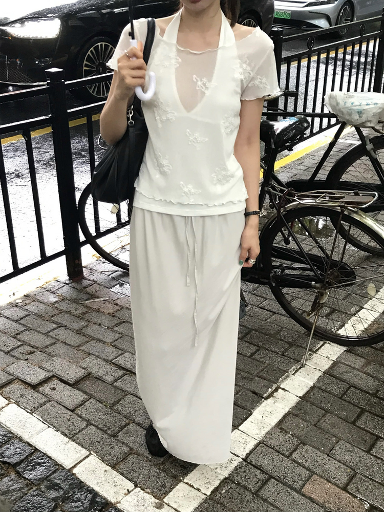 輕薄細腰頭抽繩及踝裙