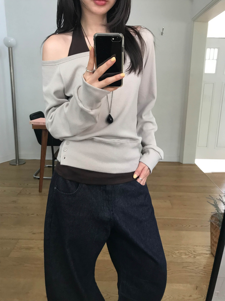 原色內壓褶細節彎刀牛仔褲