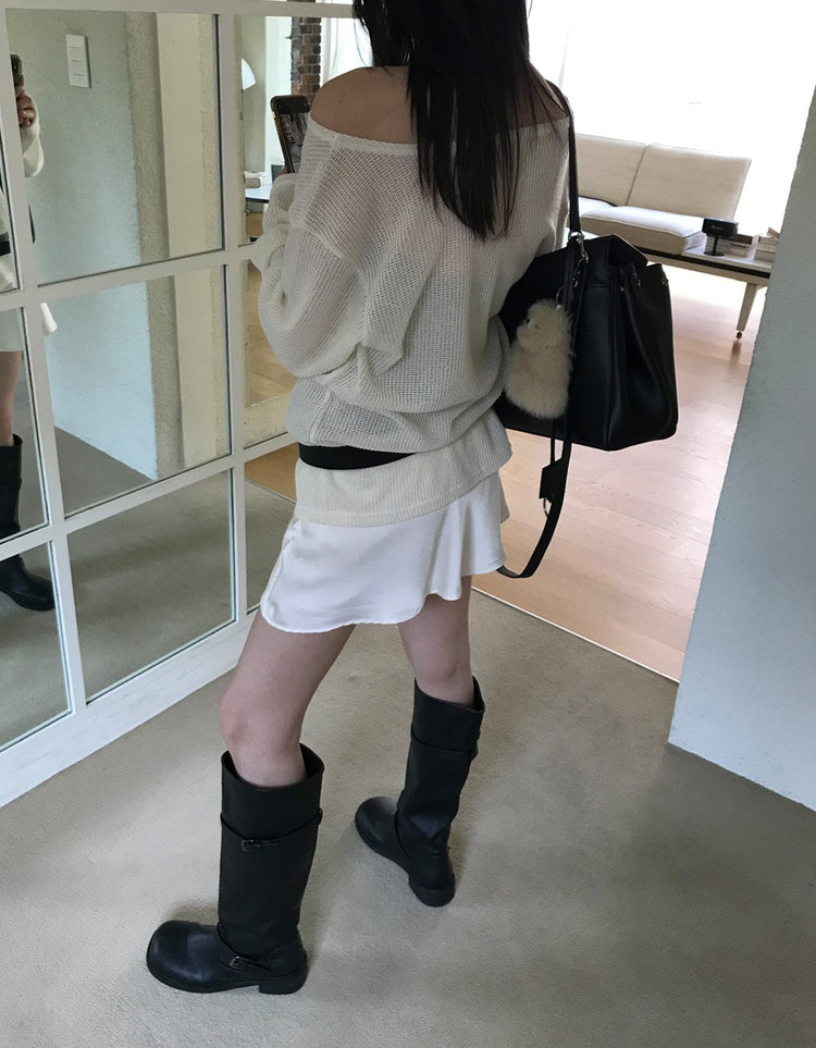 美肩透膚格紋混色針織上衣