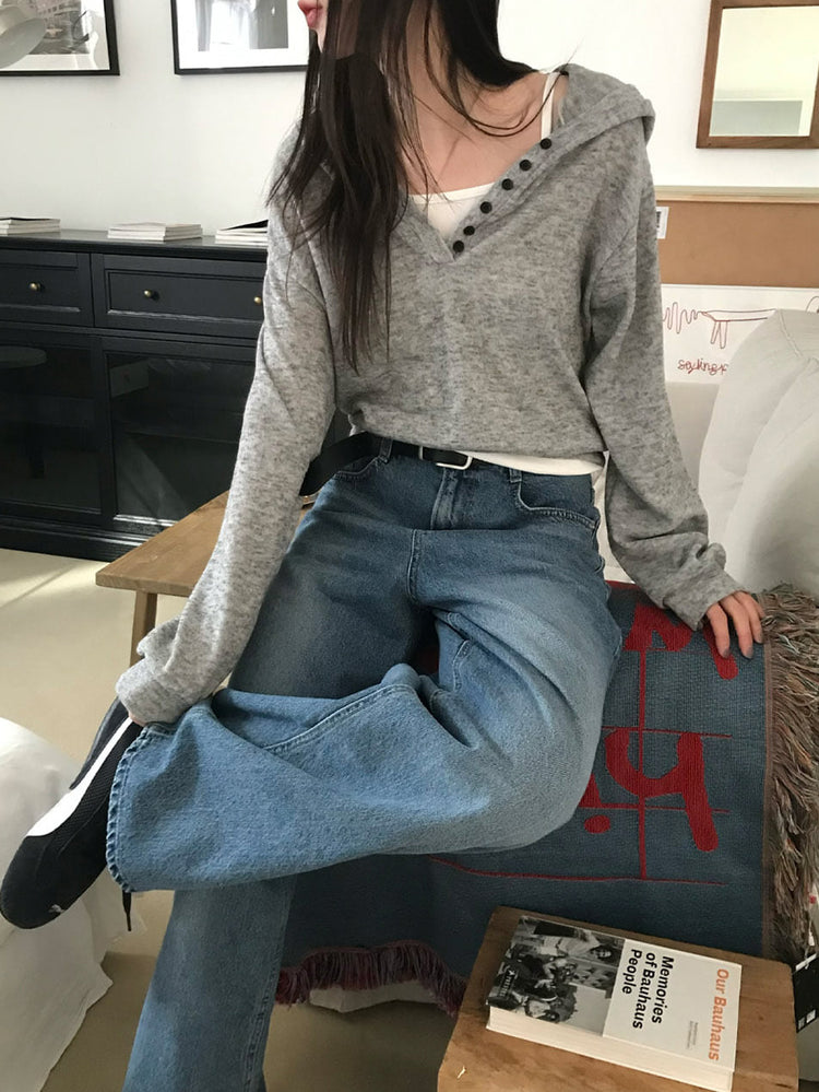 混色扣鈕細節連帽上衣