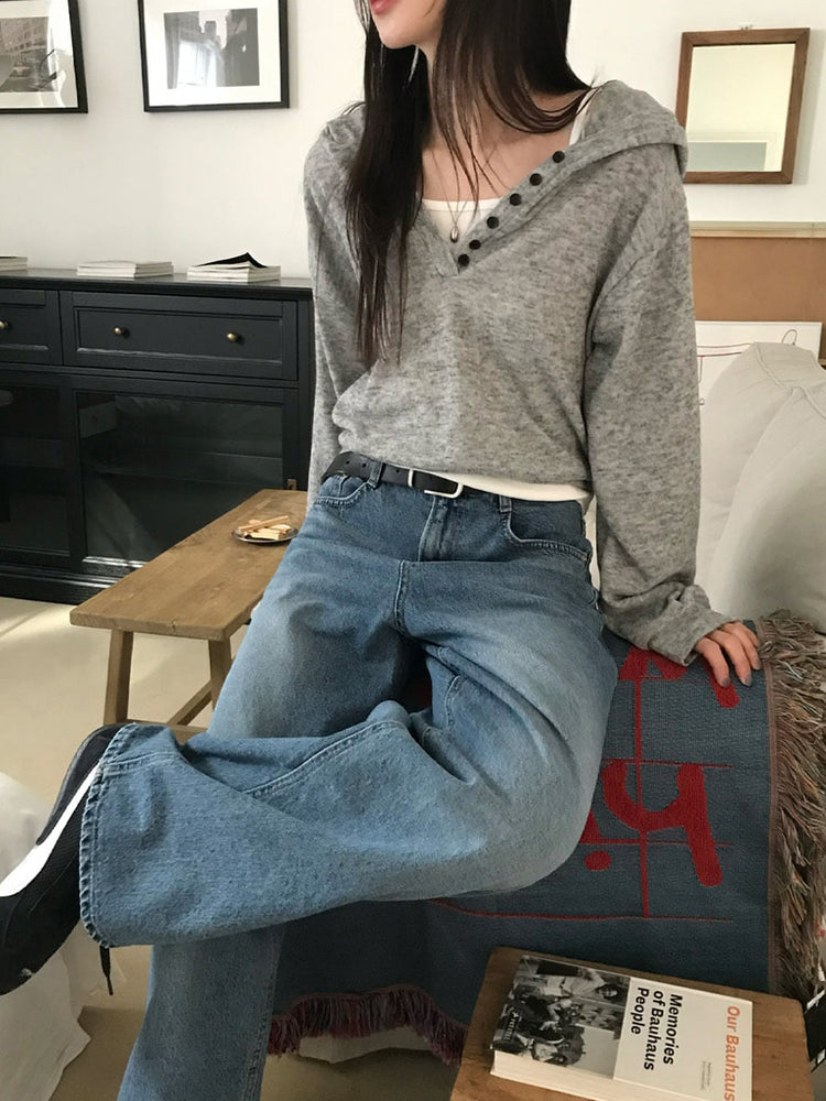 混色扣鈕細節連帽上衣