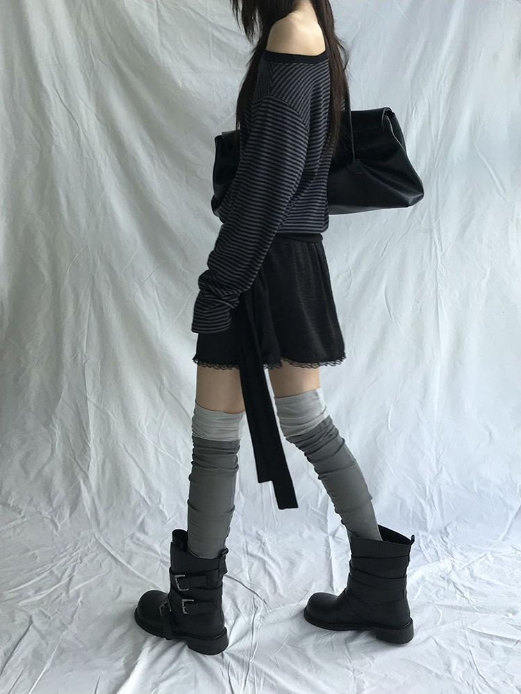 美肩撞色條紋側綁帶上衣