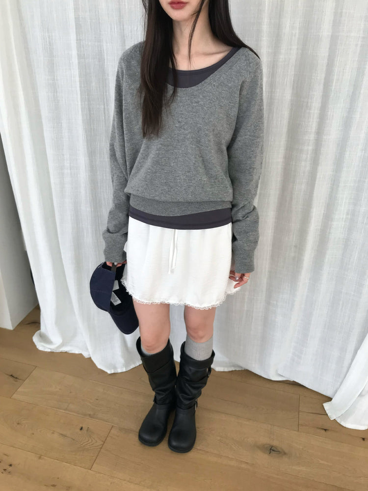 光澤感蕾絲邊細節短裙