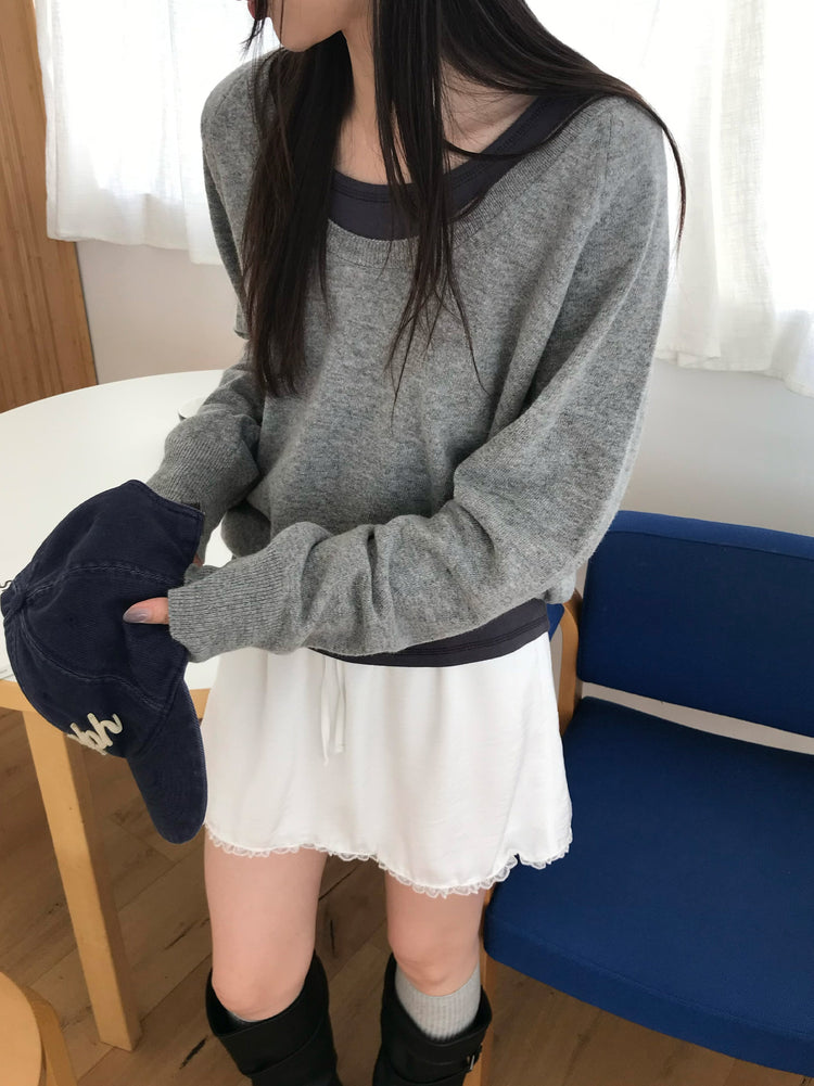 光澤感蕾絲邊細節短裙