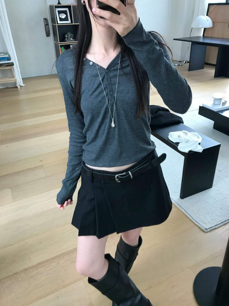 不對稱側扣百褶裙褲