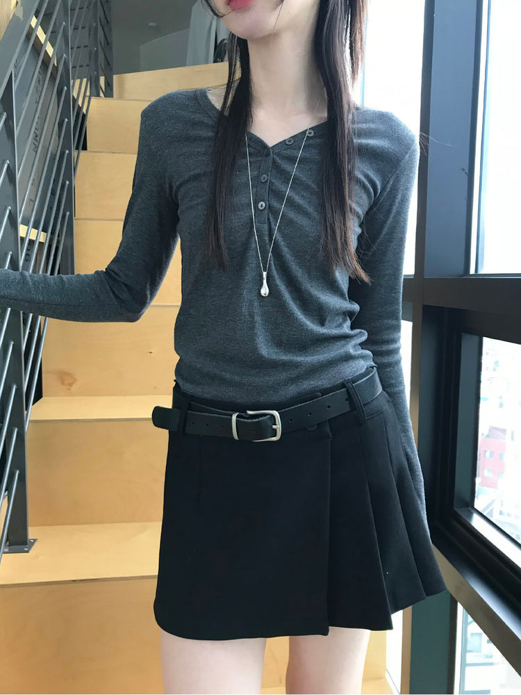 不對稱側扣百褶裙褲