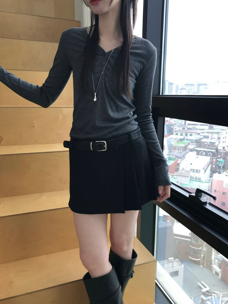 不對稱側扣百褶裙褲