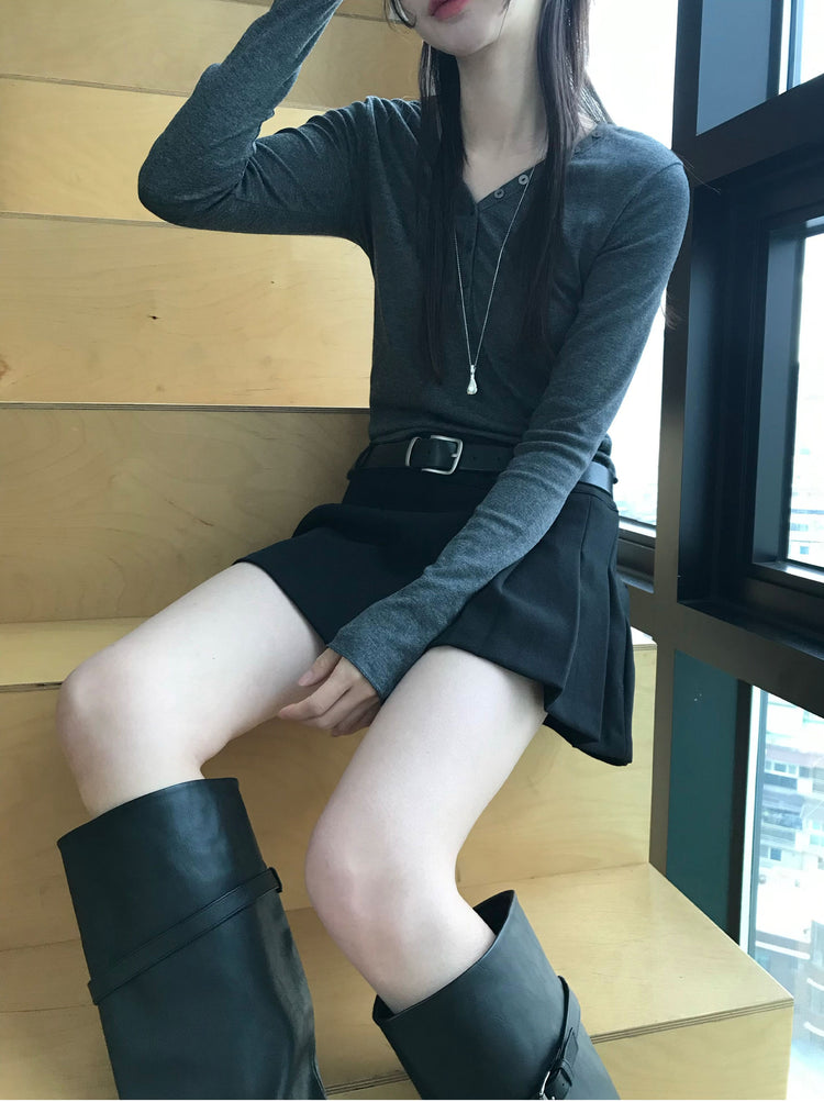 不對稱側扣百褶裙褲