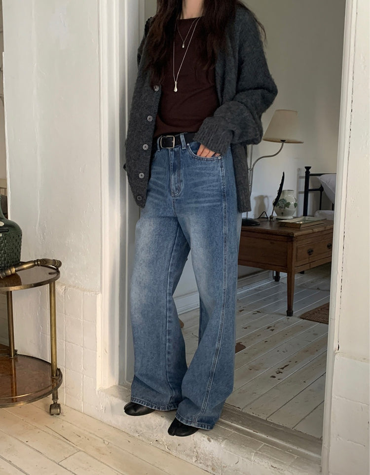 復古美刷色側前壓線細節牛仔褲