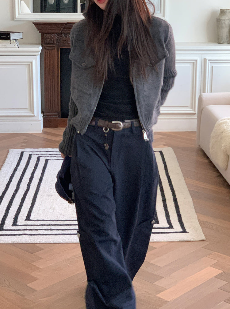 立領雙拉鏈口袋細節針織外套