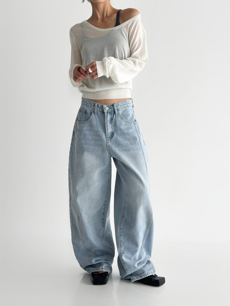 弧形側壓線廓形牛仔褲