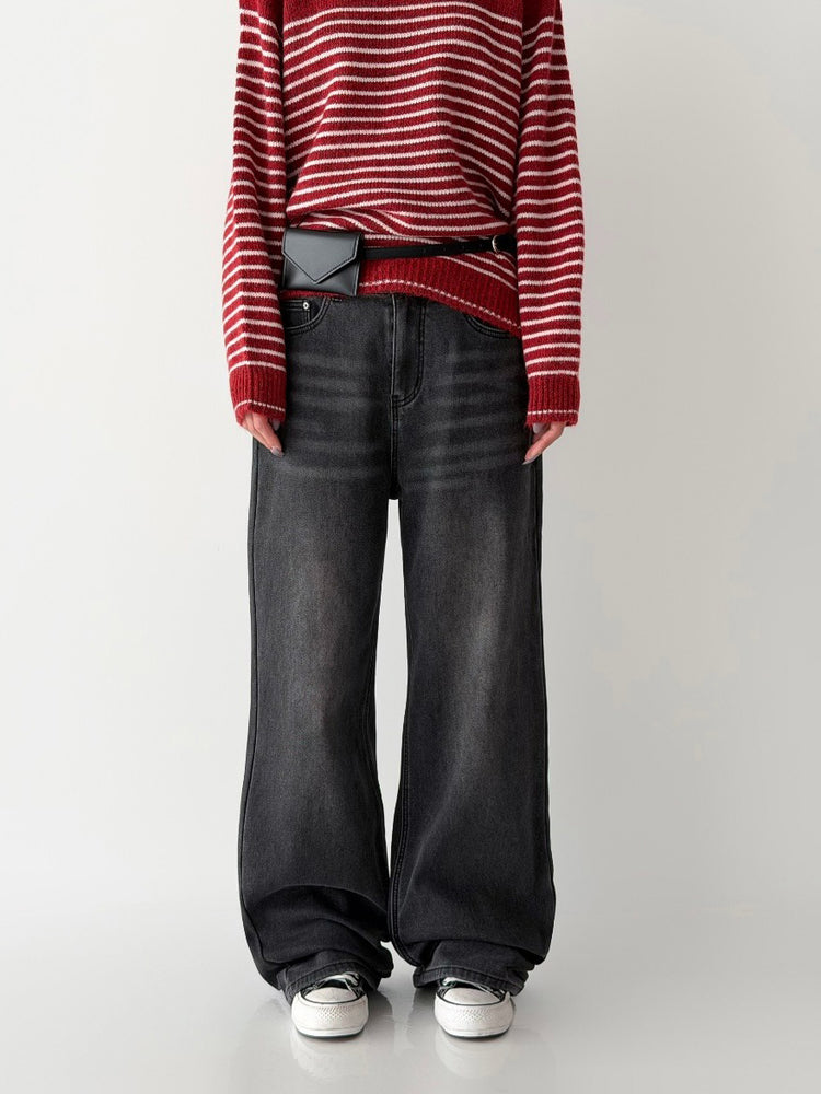 隱形橡筋腰頭直腿內刷毛牛仔褲