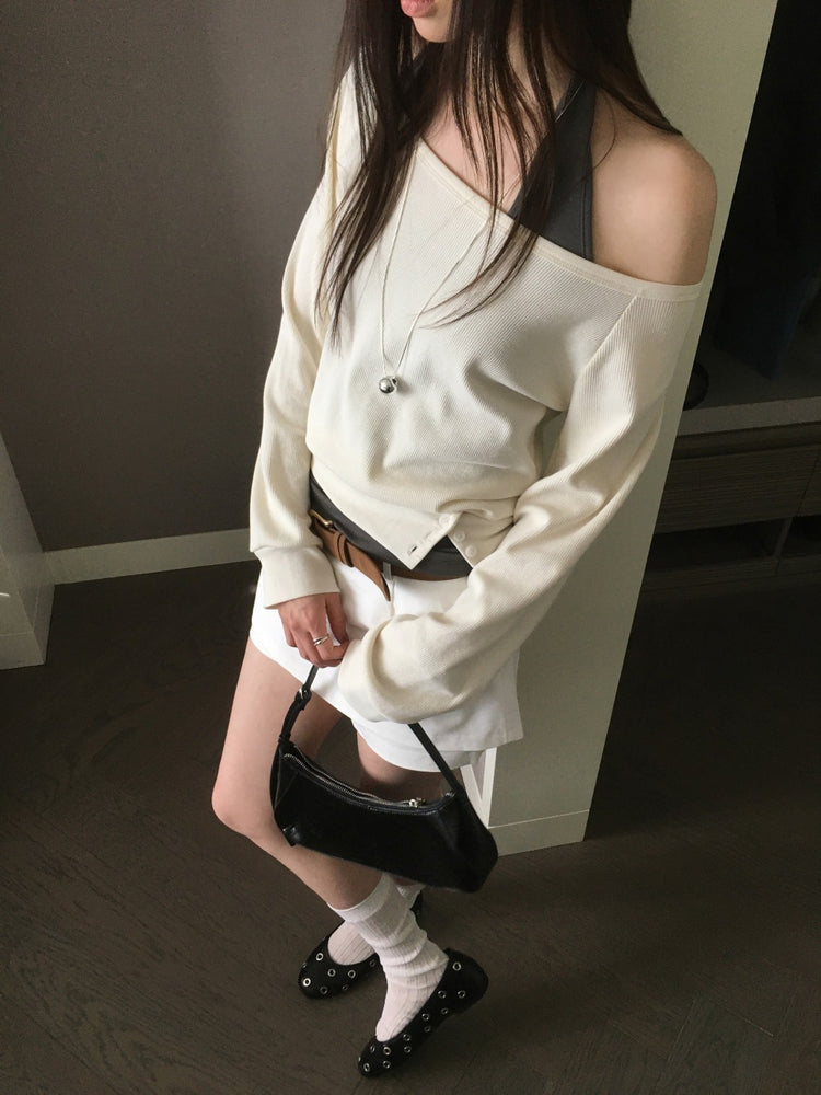 美肩撞色掛脖兩件式上衣