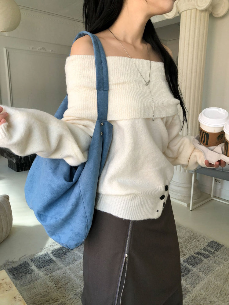 美肩下擺扣鈕細節針織上衣