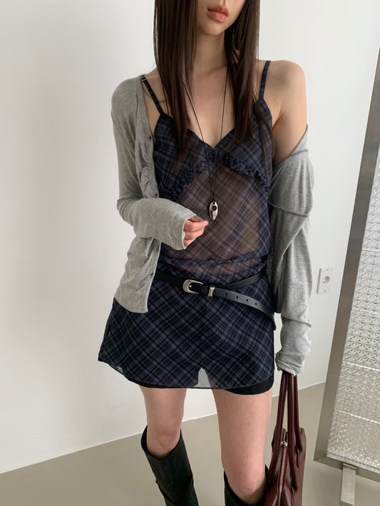 微透格紋荷葉邊細節連身裙