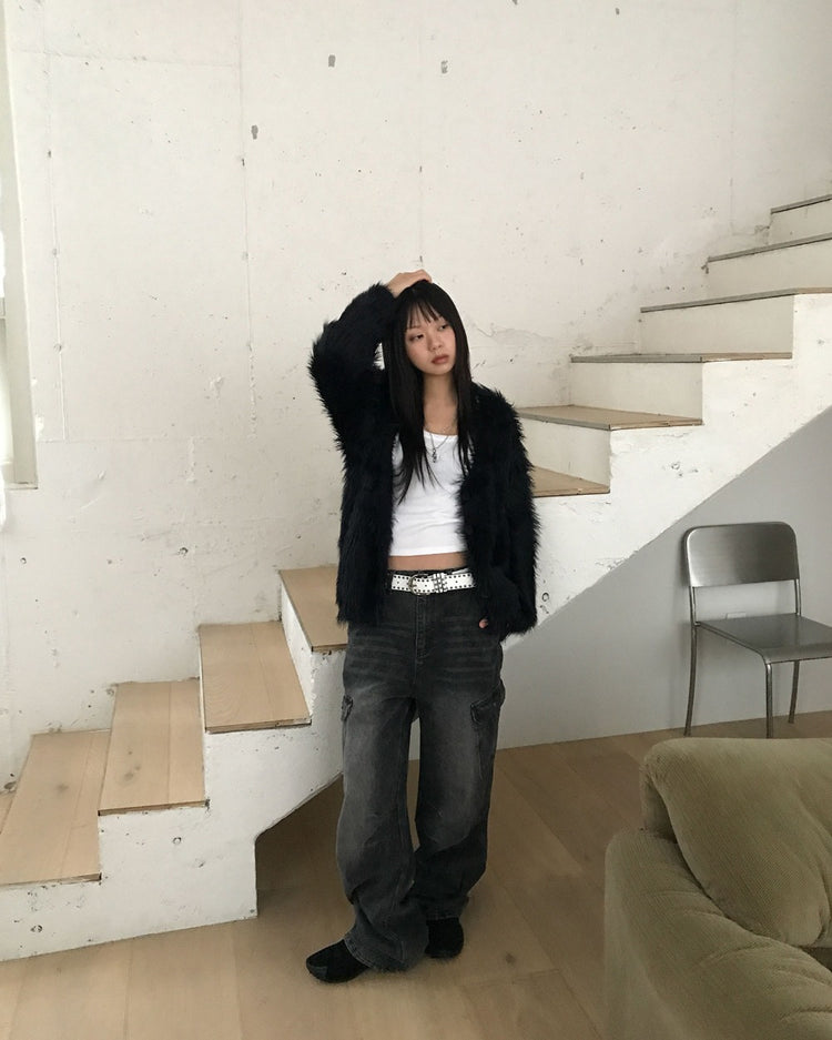 仿水貂毛質感排鈕寬鬆外套