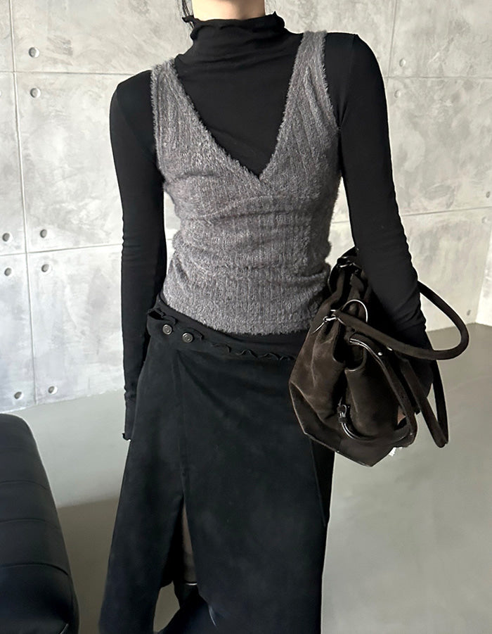 交疊側開叉不對稱細節裙