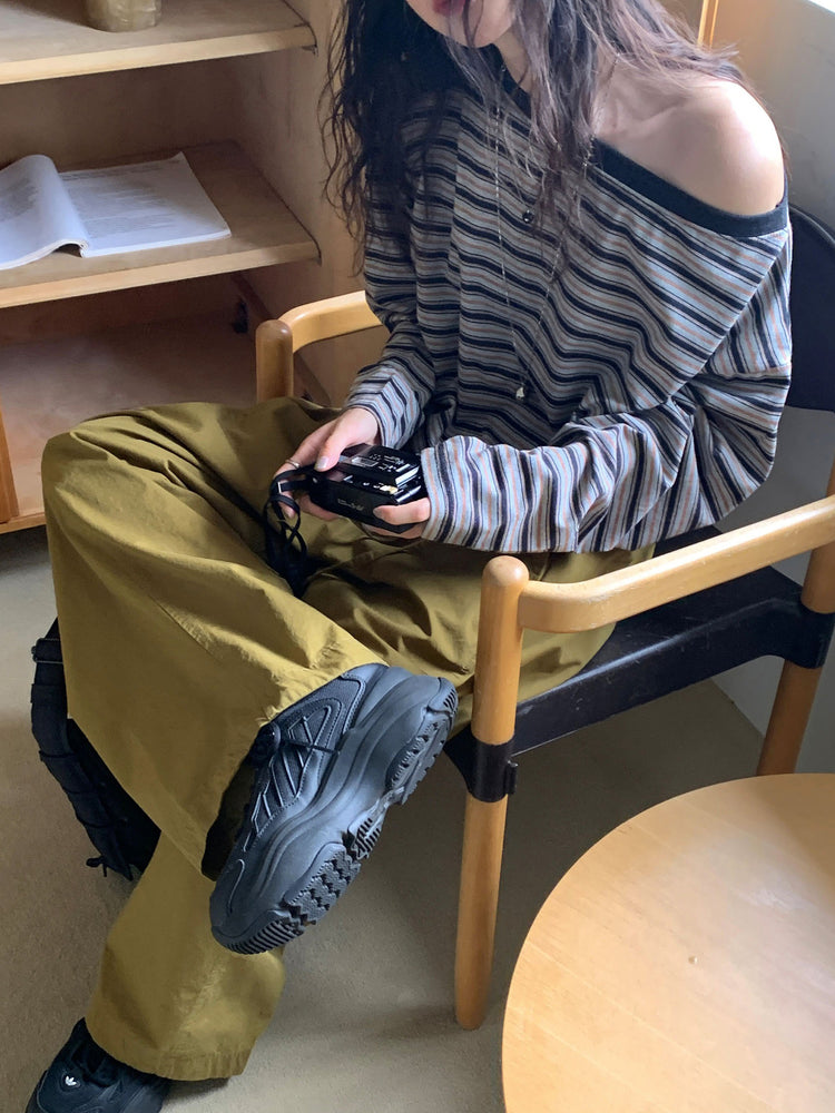 美肩條紋細節束口上衣