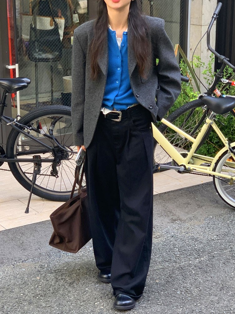 復古美色雙壓褶垂感闊褲(附皮帶)