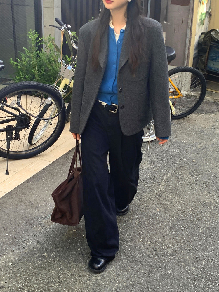 復古美色雙壓褶垂感闊褲(附皮帶)