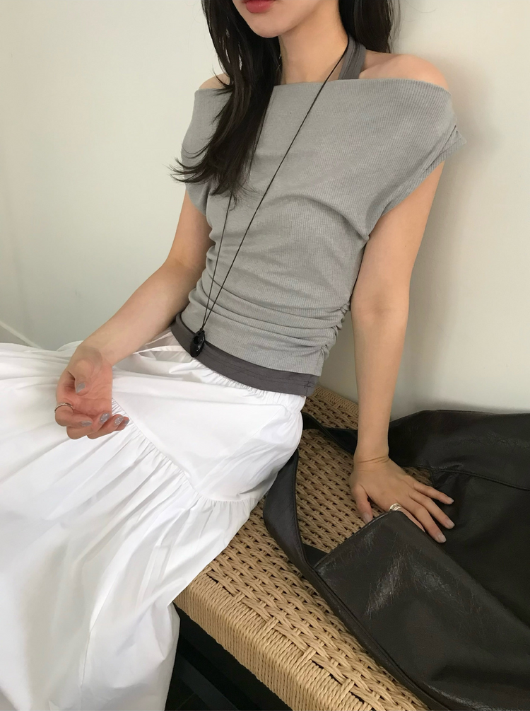 美肩抓皺細節假兩件上衣