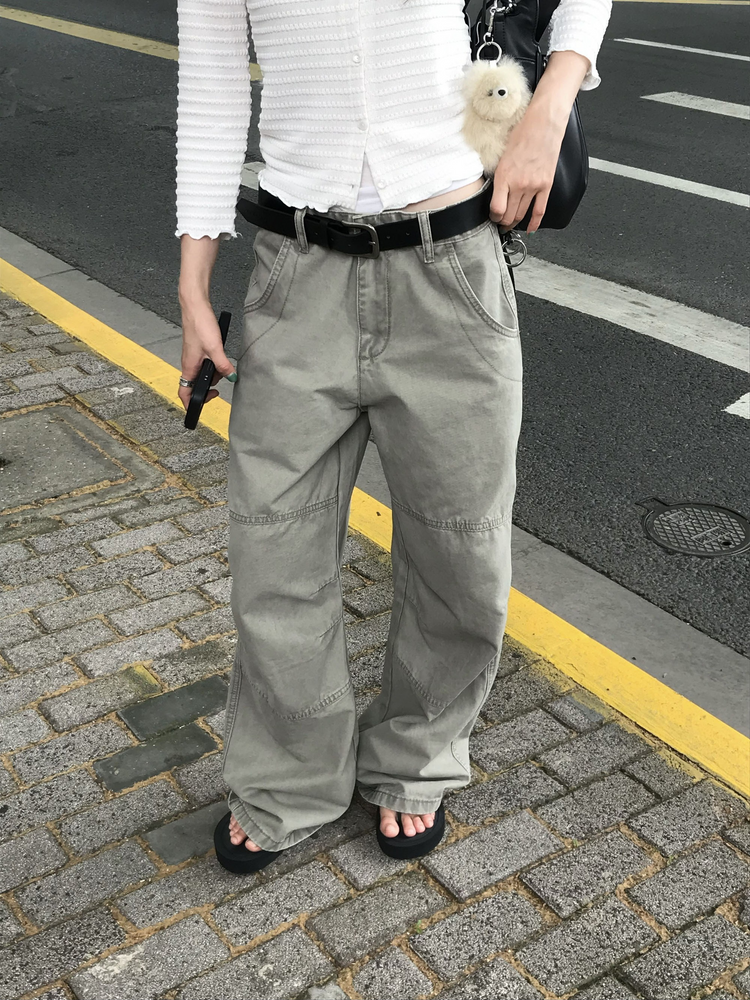 復古壓線細節工裝直褲