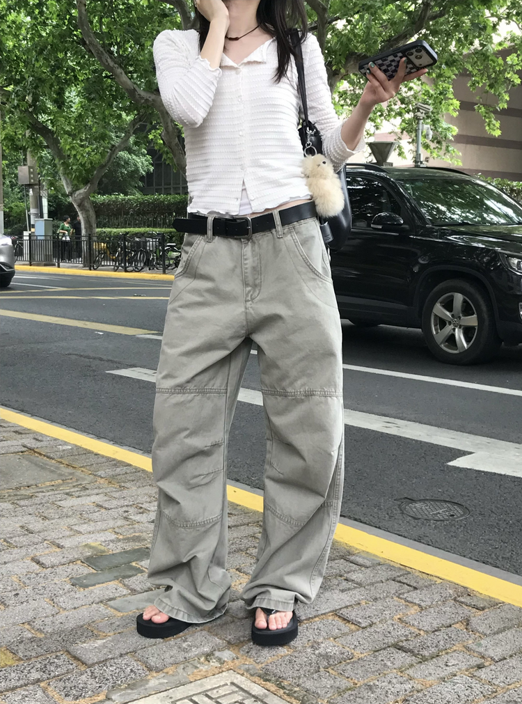 復古壓線細節工裝直褲