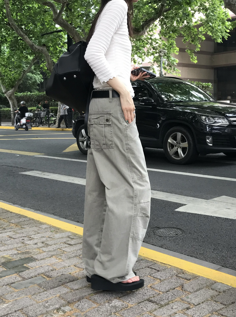 復古壓線細節工裝直褲