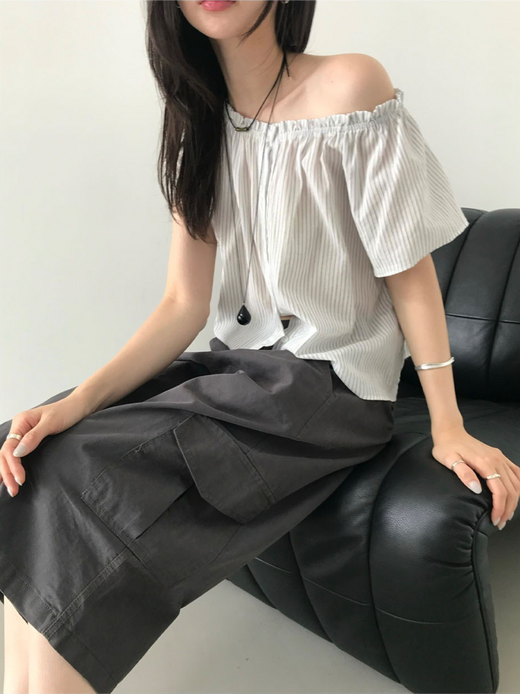 條紋美肩排鈕上衣
