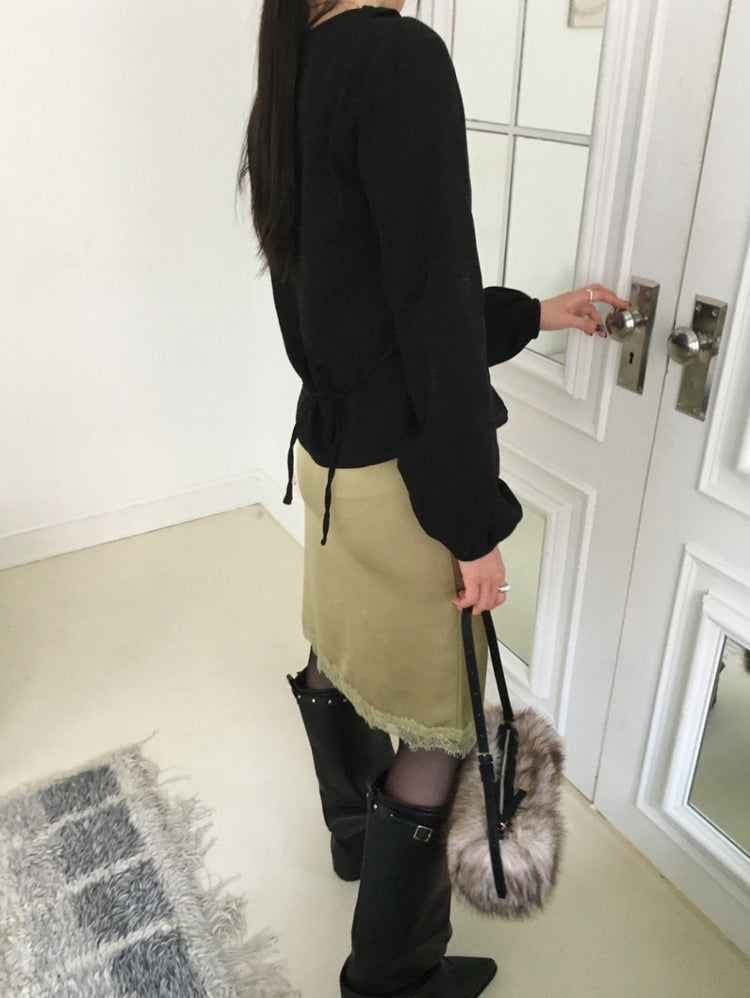 蕾絲邊霧光澤側小開叉半裙