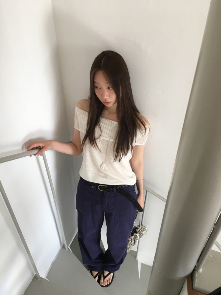 美肩坑紋反折針織上衣