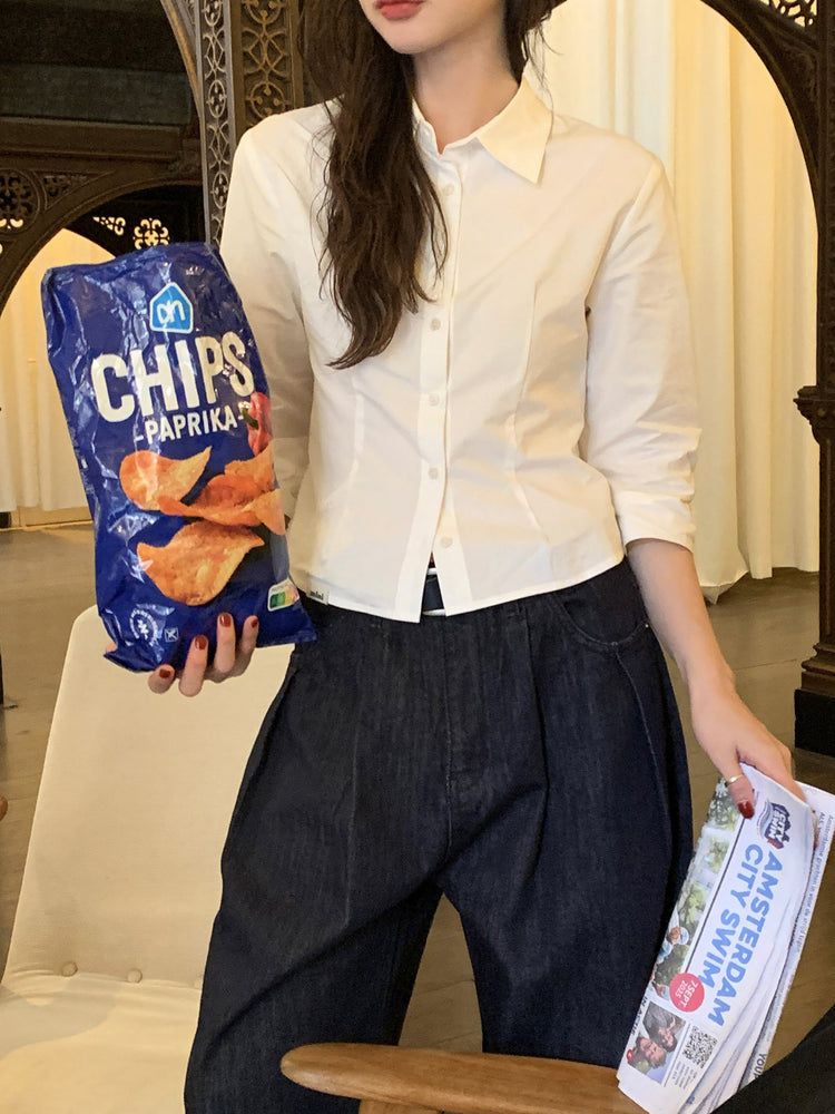 七分袖修腰層次襯衫