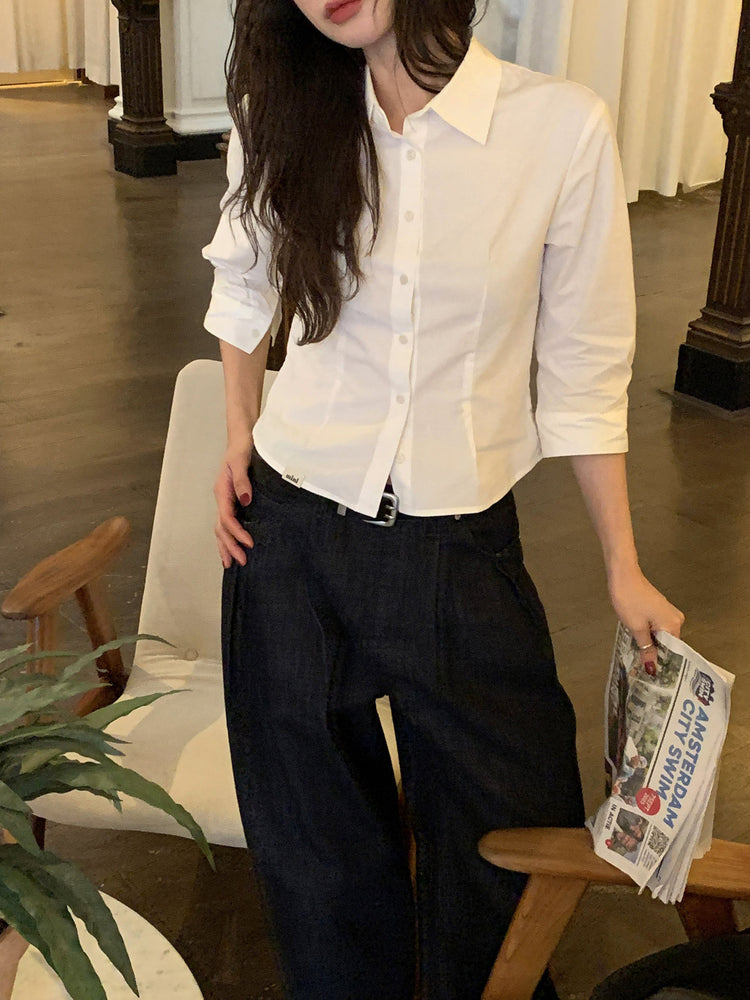 七分袖修腰層次襯衫