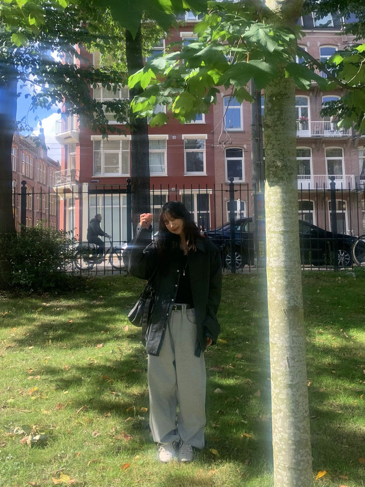 Unisex皮帶扣細節廓形棉褲