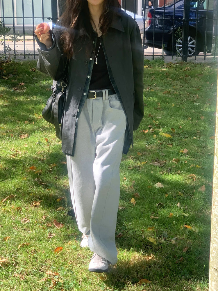 Unisex皮帶扣細節廓形棉褲