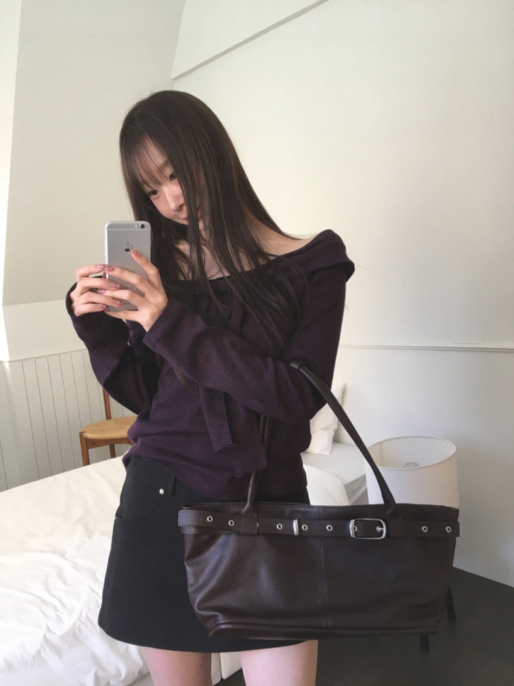 美肩垂帶領結條紋上衣