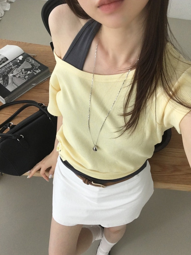 S/S 美肩撞色掛脖兩件式上衣