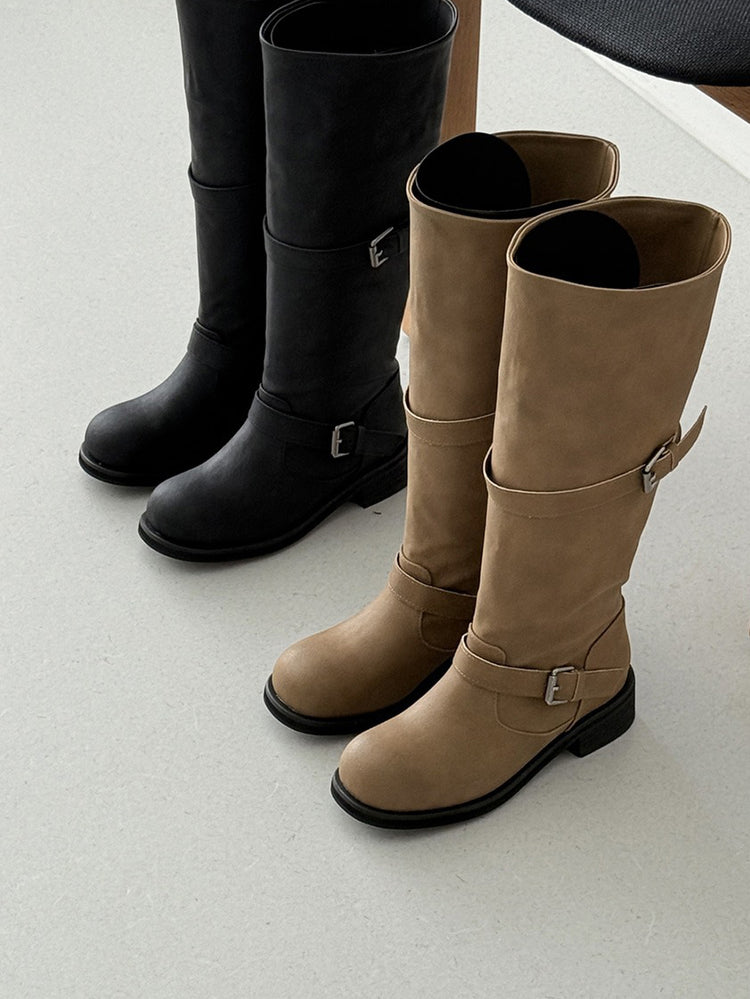 美色軟皮扣帶細節堆堆靴