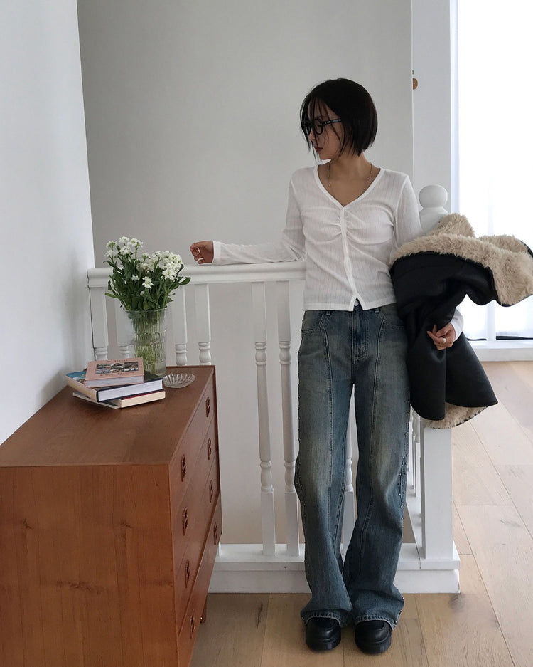 弧壓線側鉚釘細節牛仔褲