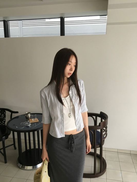 條紋修身七分袖襯衫