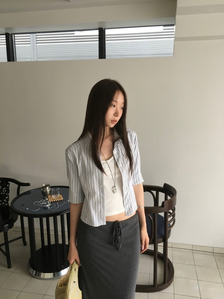 條紋修身七分袖襯衫