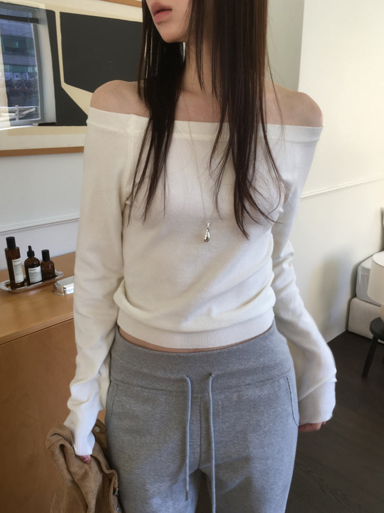 美色露肩修身針織上衣