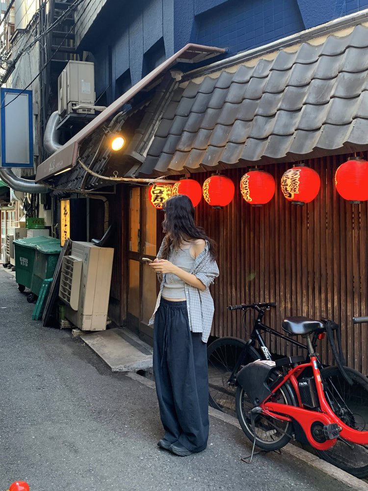休閒雙壓褶寬鬆闊褲