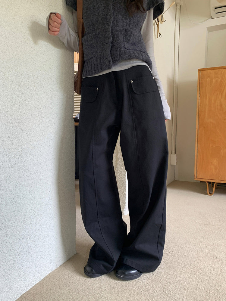 口袋細節壓線半鬆緊直褲