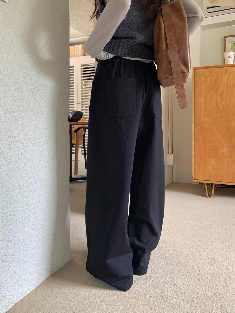口袋細節壓線半鬆緊直褲