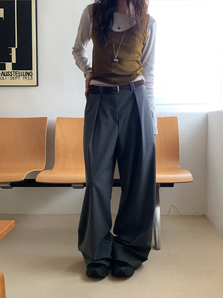 條紋內壓褶細節直褲