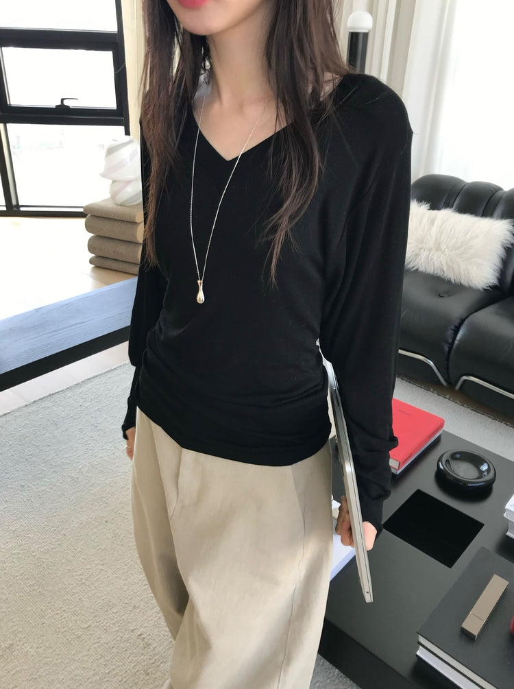 V領袖扣細節修腰上衣